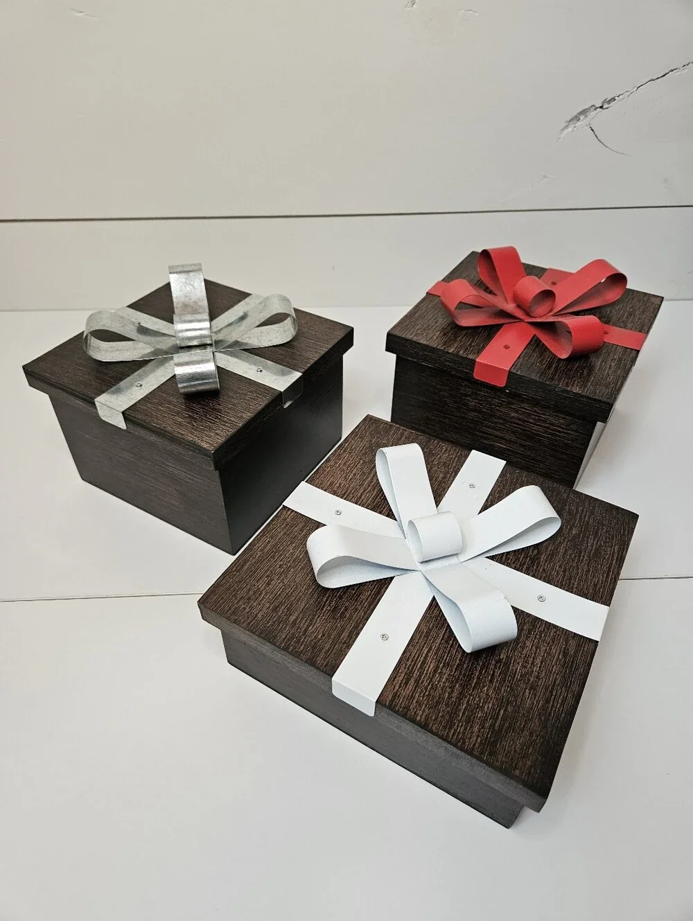 Holiday Decorative Wooden Gift Boxes w Red, White & Silver Bows - Set of 3